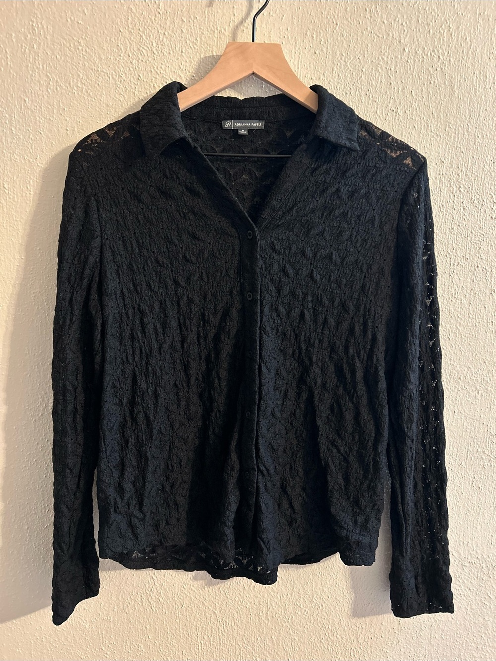Adrianna Papell Black Lace Button-Down Blouse